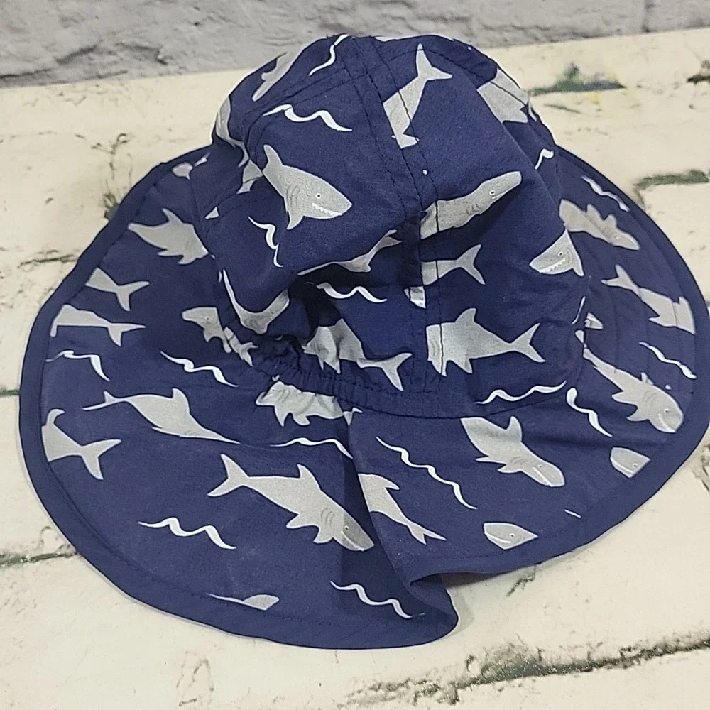 Pottery Barn Baby Size 12 Months Navy Shark Print Reversible Sun Hat W/Neck Flap